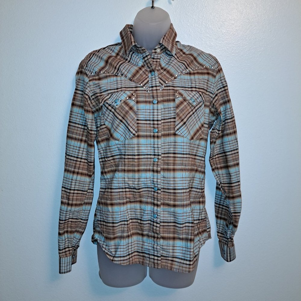 ROUGH STOCK~PANHANDLE SLIM~WOMEN'S PEARL SNAP~PLAID WESTERN SHIRT W/STUDS~M - Picture 11 of 13